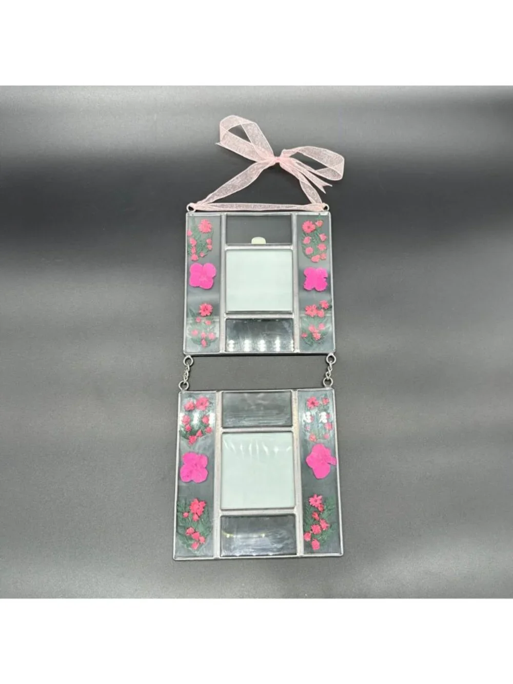 Vintage Hanging Picture Frames Pink Pressed Flowers Pewter Double Photos Cottage